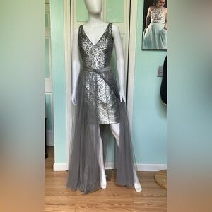 10 Allure Silver Sequin Bridesmaid Pageant Fun Fashion Cocktail Overskirt Dress